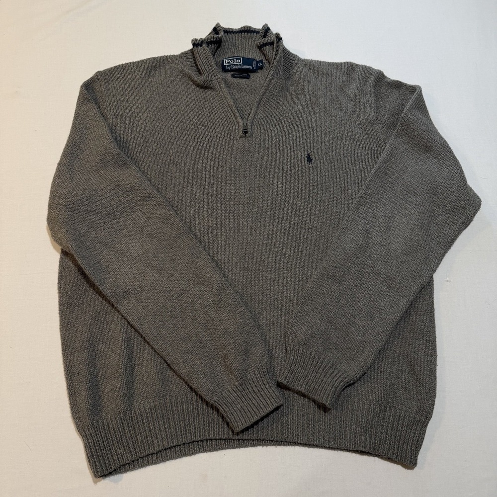 Polo Ralph Lauren Mens XL Quarter Zip Sweater Gray 100% Cotton Ribbed Knit Pony